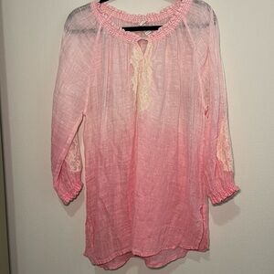Chicos Linen Lace Tunic Coastal Lightweight Top, Size 2 (Large) Pink Ombré White